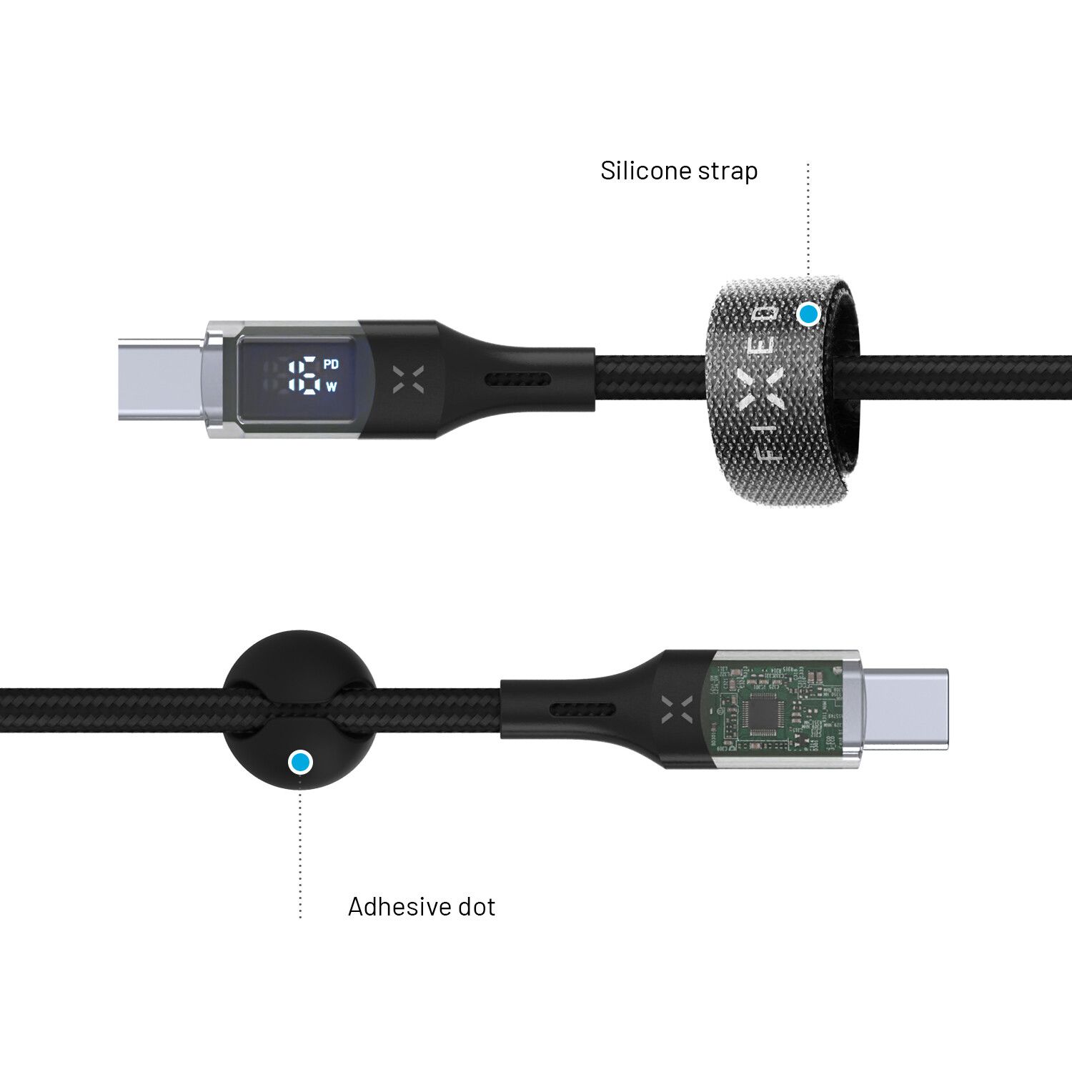 FIXED LED Laddningsdisplay USB-C/C 100W kabel 1.2m Svart