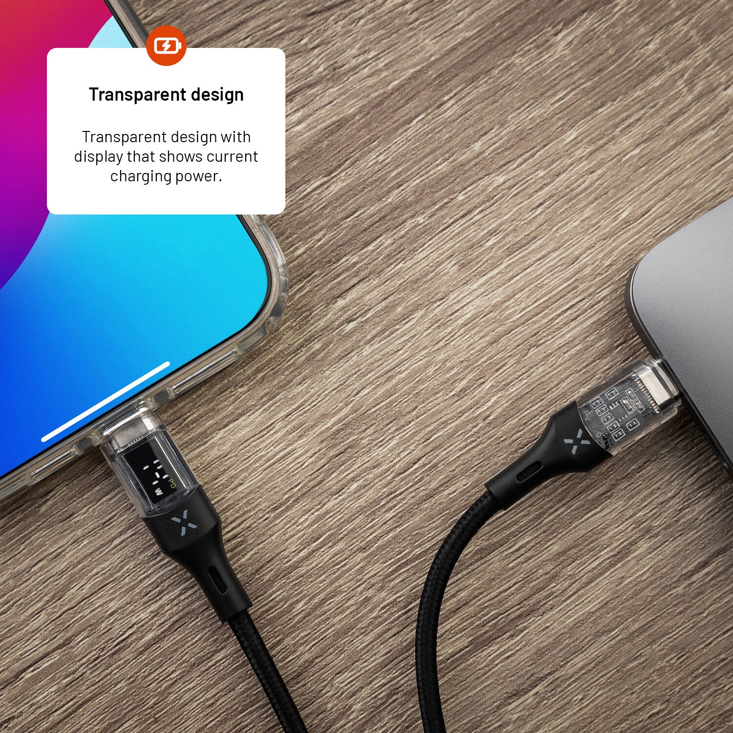 FIXED LED Laddningsdisplay USB-C/C 100W kabel 1.2m Svart