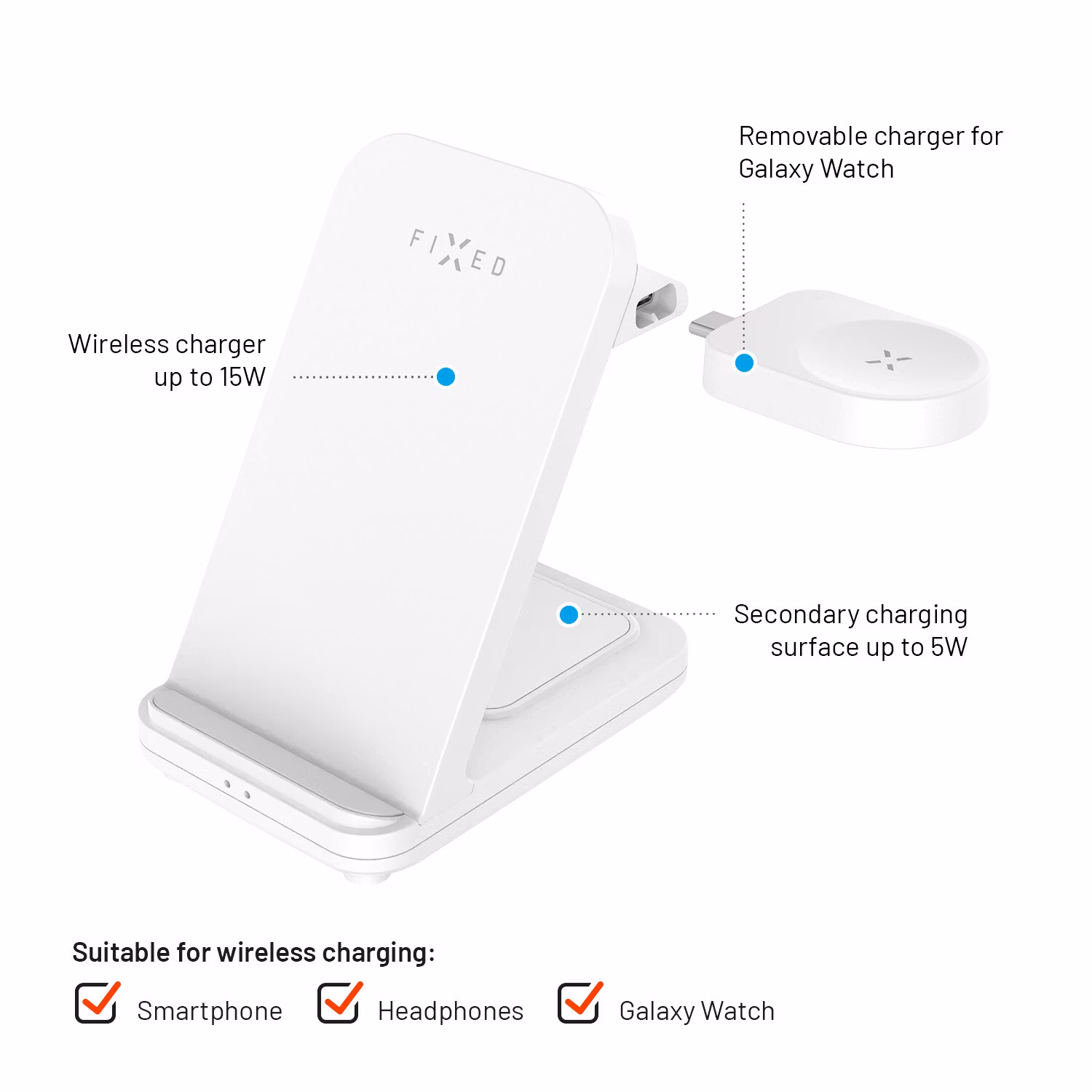 FIXED 3in1 Trådlös Laddstation för Samsung Vit