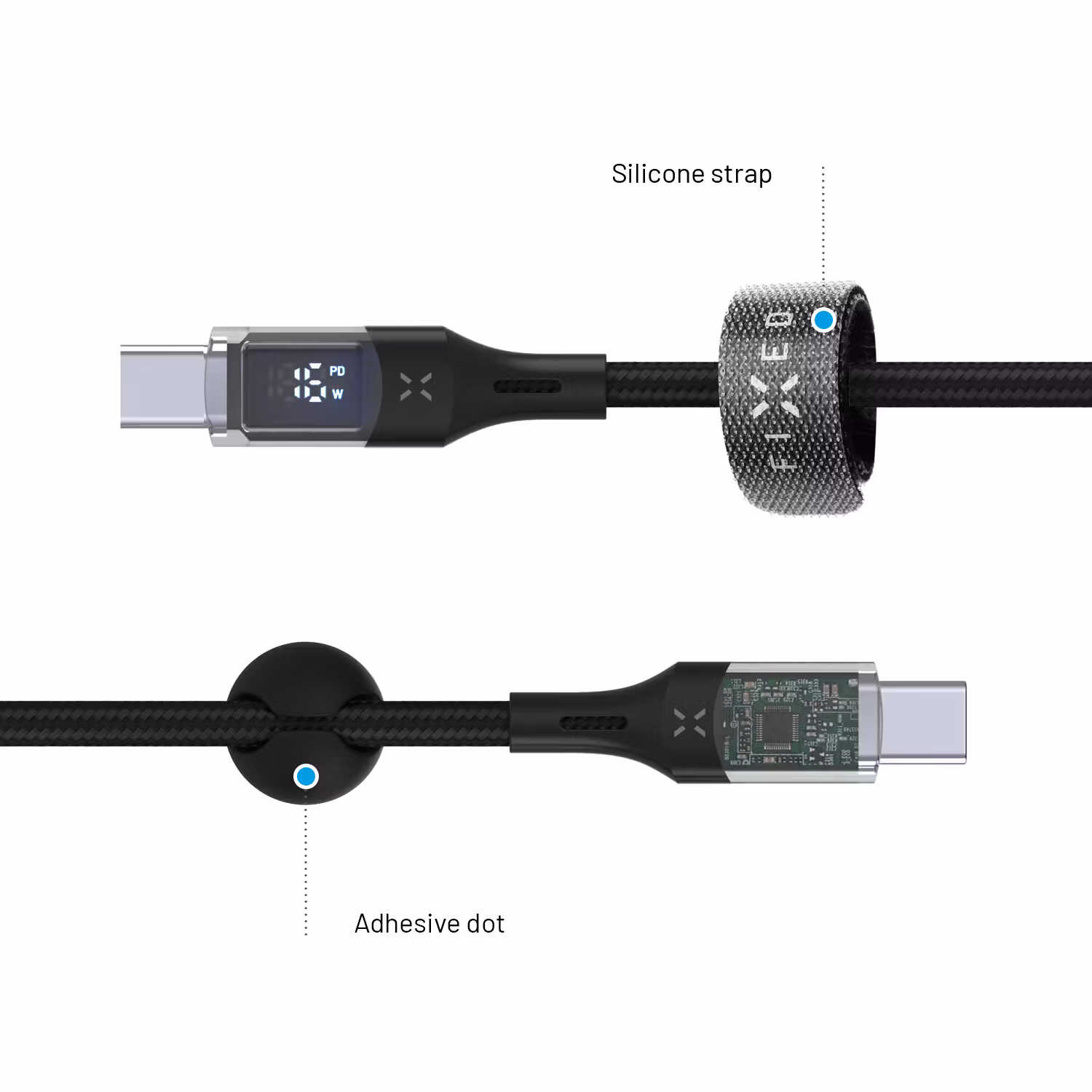 FIXED LED Laddningsdisplay USB-C/C 100W kabel 2m Svart
