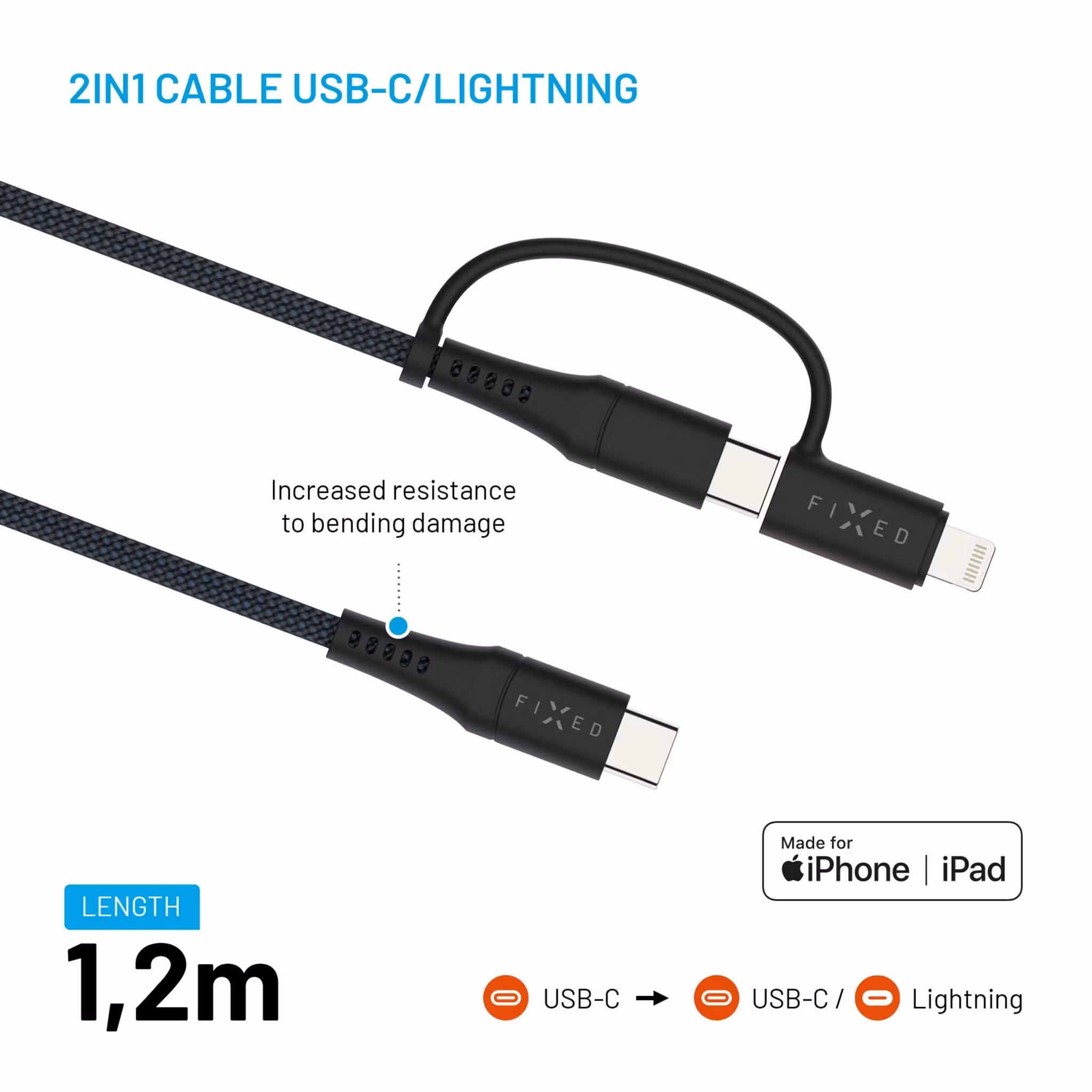 FIXED 2in1 Combo 60W USB-C/Lightning kabel 1.2m Svart