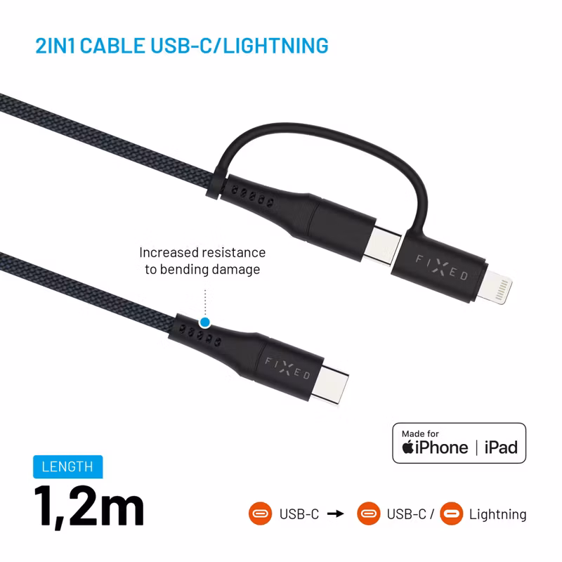 FIXED 2in1 Combo 60W USB-C/Lightning kabel 1.2m Svart