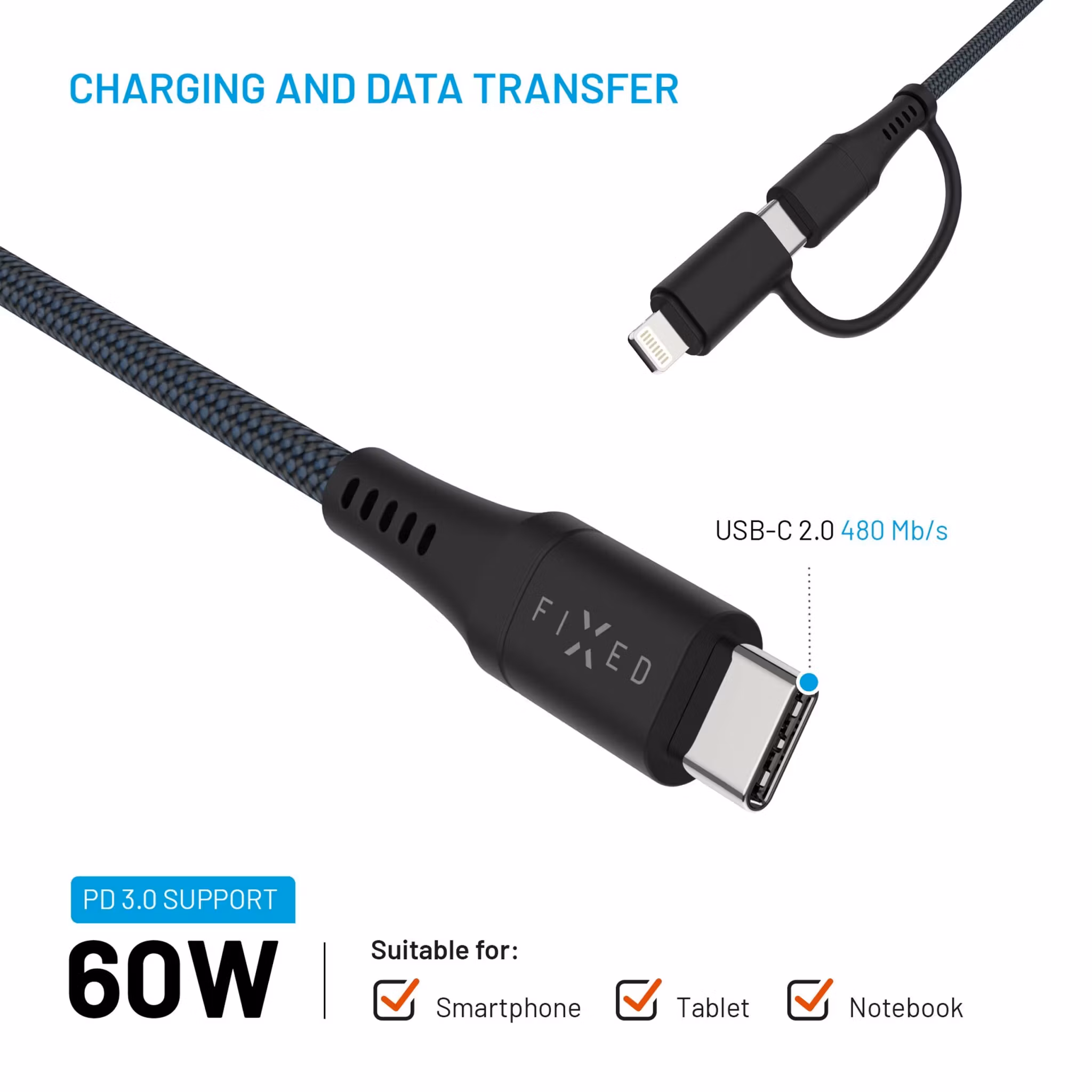 FIXED 2in1 Combo 60W USB-C/Lightning kabel 1.2m Svart