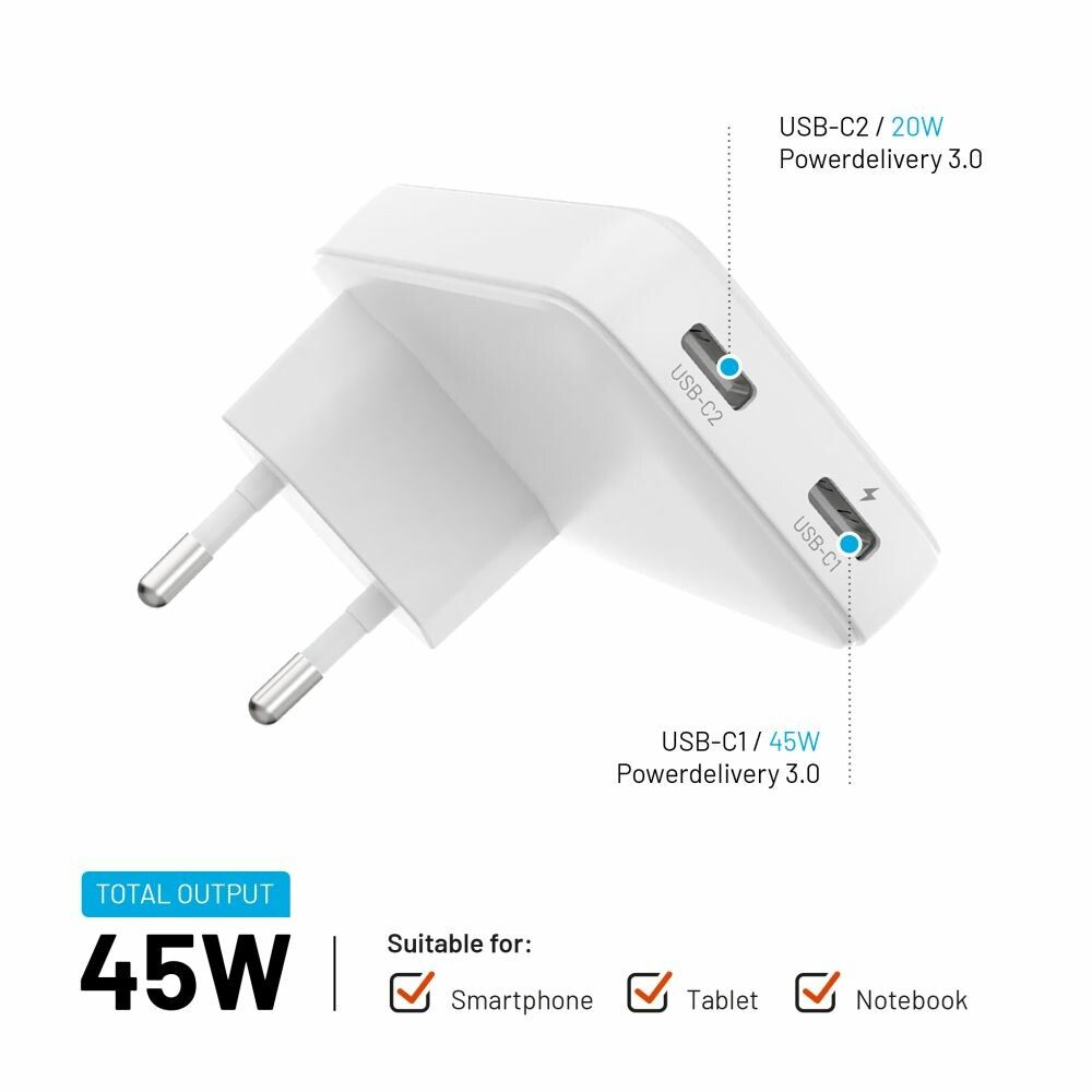 FIXED Slim GaN 90 Super Snabb 2x USB-C laddare 45W Vit