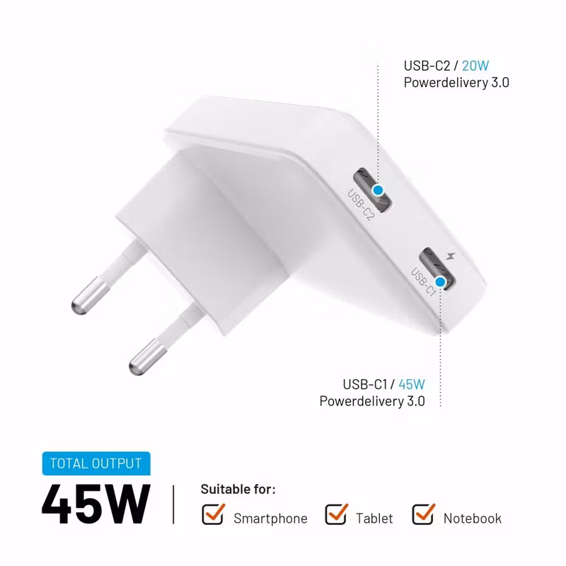 FIXED Slim GaN 90 Super Snabb 2x USB-C laddare 45W Vit