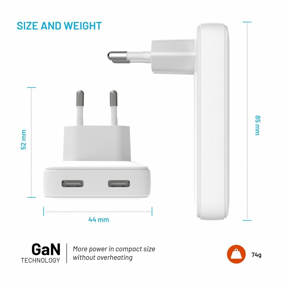 FIXED Slim GaN 90 Super Snabb 2x USB-C laddare 45W Vit