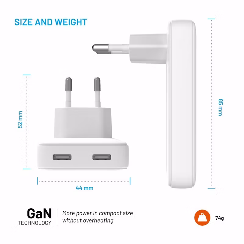 FIXED Slim GaN 90 Super Snabb 2x USB-C laddare 45W Vit