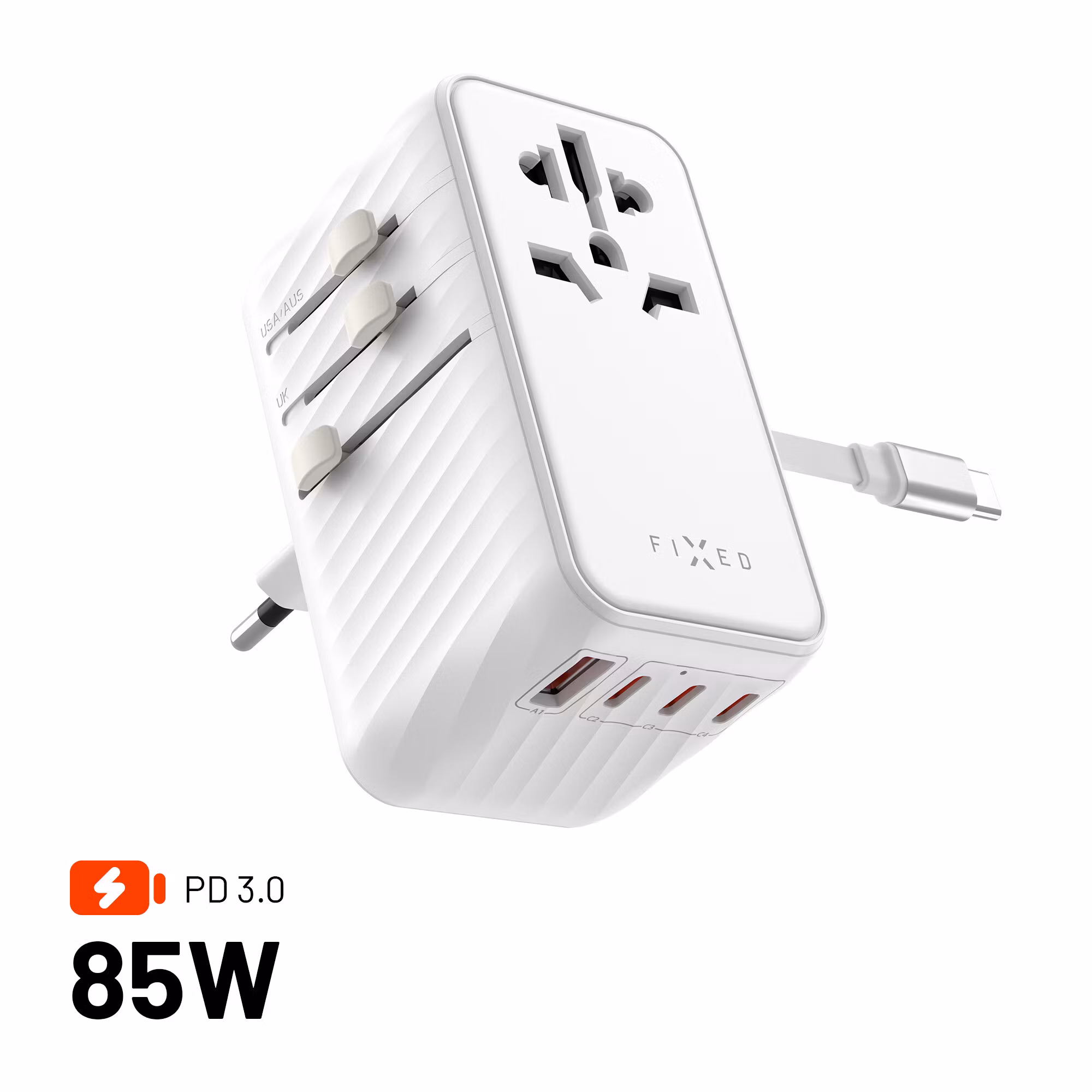 FIXED Reseadapter/laddare USB-C/-A 85W EU/UK/USA/AUS