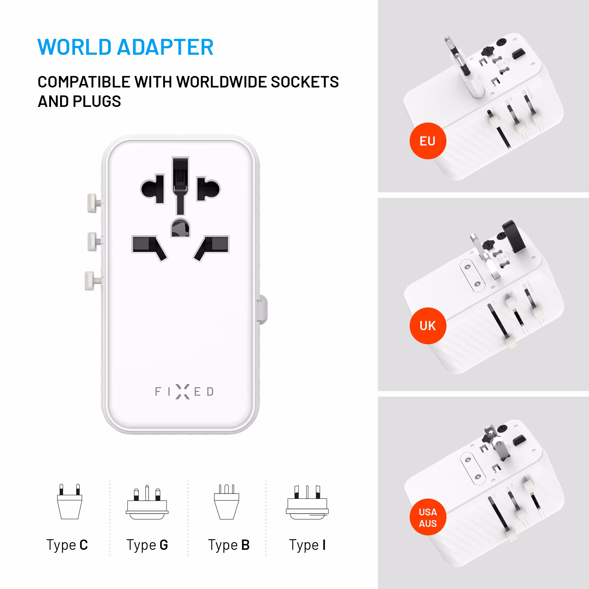 FIXED Reseadapter/laddare USB-C/-A 85W EU/UK/USA/AUS