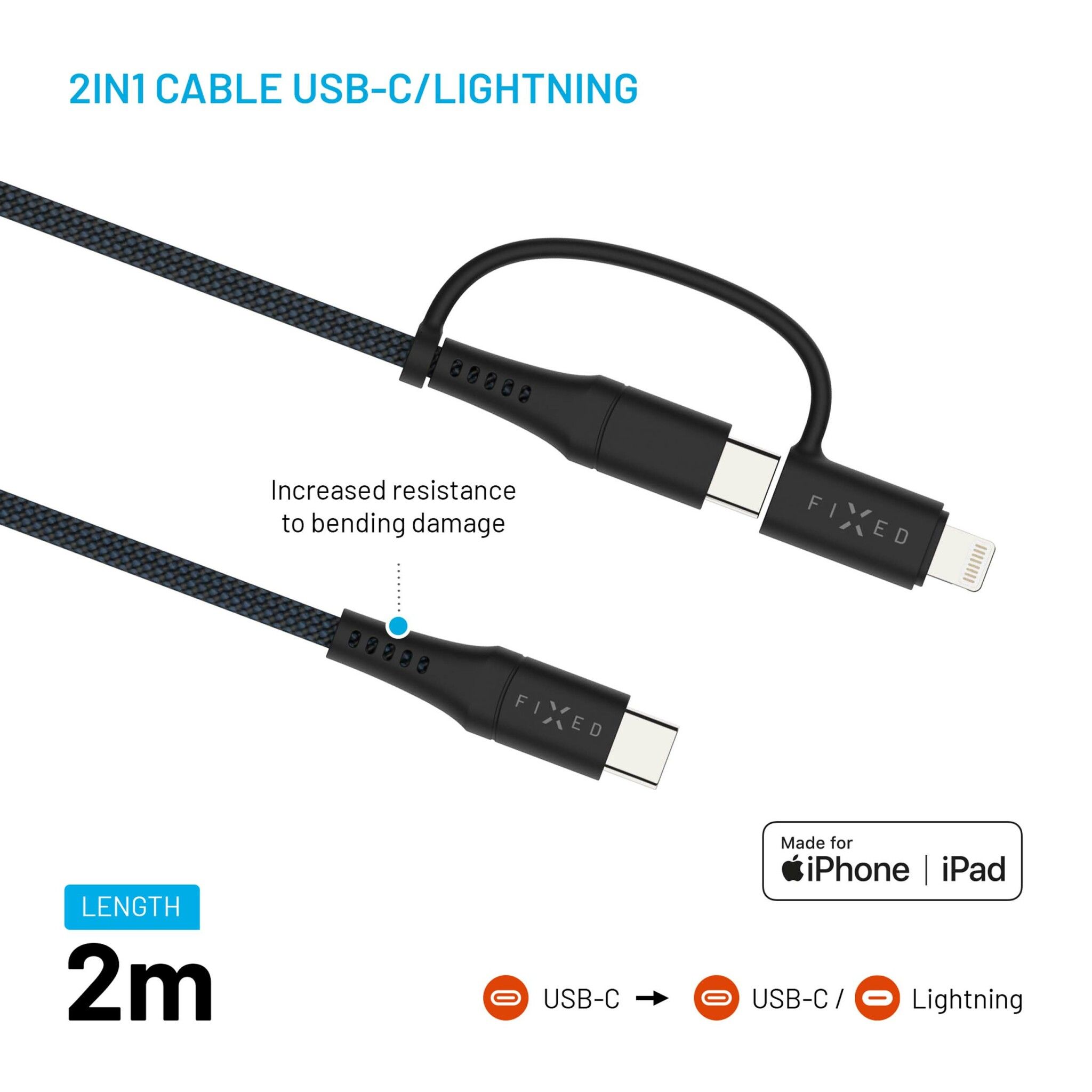 FIXED 2in1 Combo 60W USB-C/Lightning kabel 2m Svart