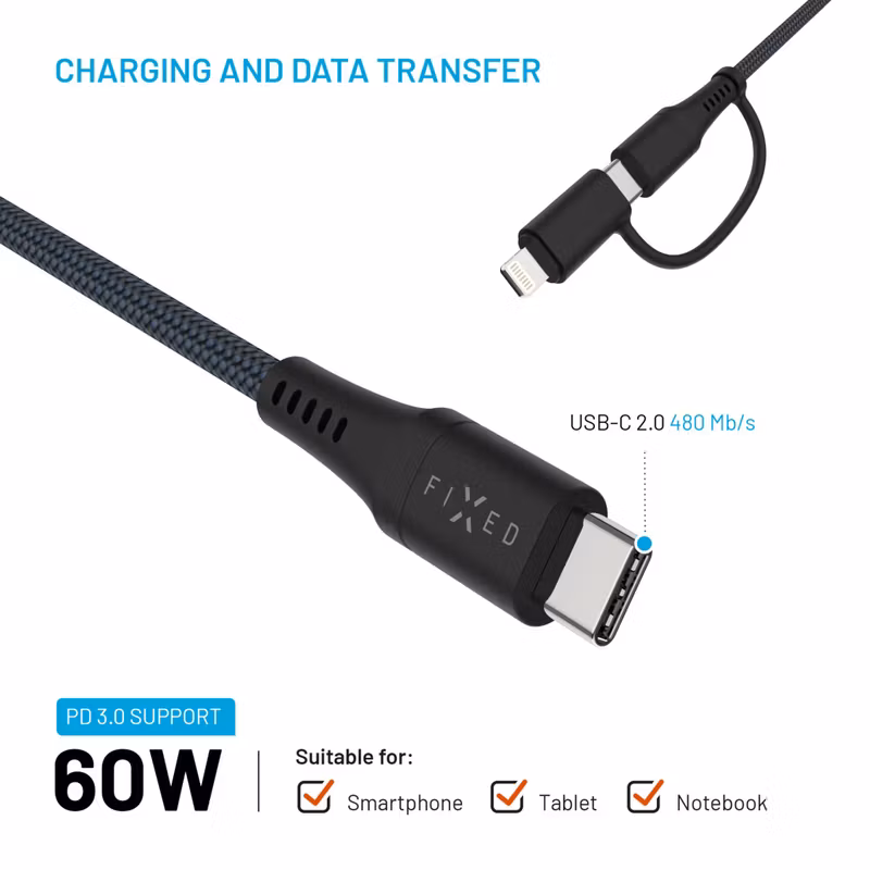 FIXED 2in1 Combo 60W USB-C/Lightning kabel 2m Svart