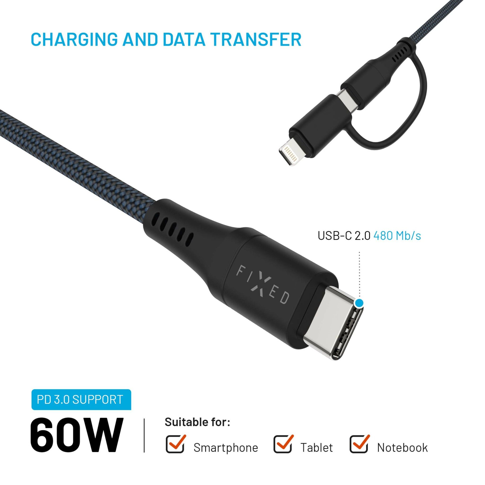 FIXED 2in1 Combo 60W USB-C/Lightning kabel 3m Svart