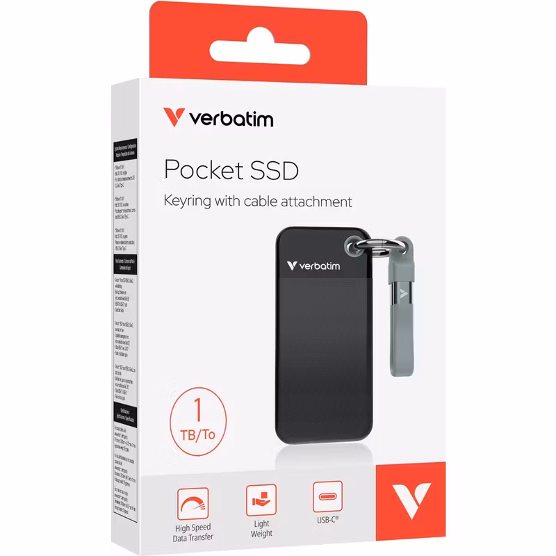 Verbatim Pocket SSD 1 TB, External SSD (black/grey, USB-C 3.2 Gen 2 (10 Gbit/s), with key ring and cable holder)