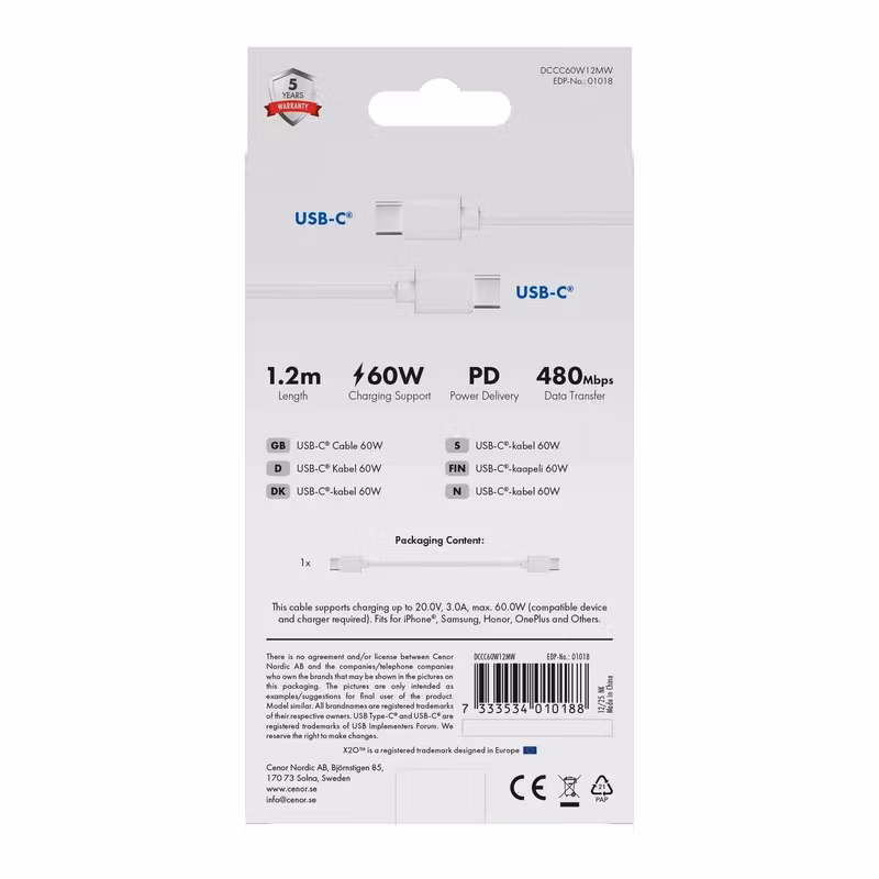 X2O Basic 60 W USB-C/C-kabel 1,2 m Vit