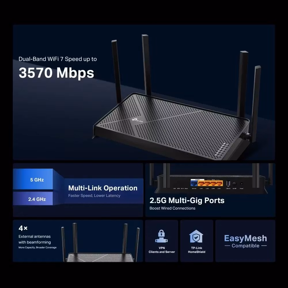 TP-Link Archer BE220 BE3600 Dual-Band Wi-Fi 7 Trådlös Router