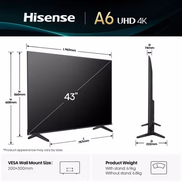 Hisense 43A6Q TV 43" 4K Ultra HD Smart TV Wi-Fi Black Direct LED