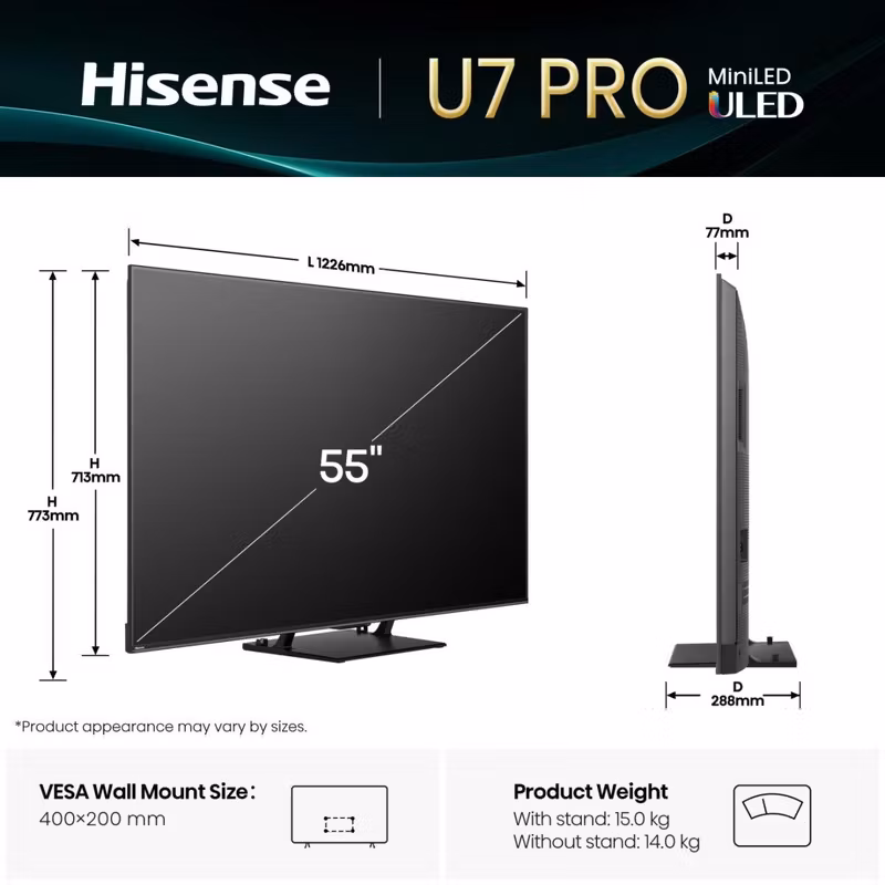 Hisense 55U7Q PRO 55" 4K Ultra HD Smart TV Wi-Fi Black Mini LED PRO