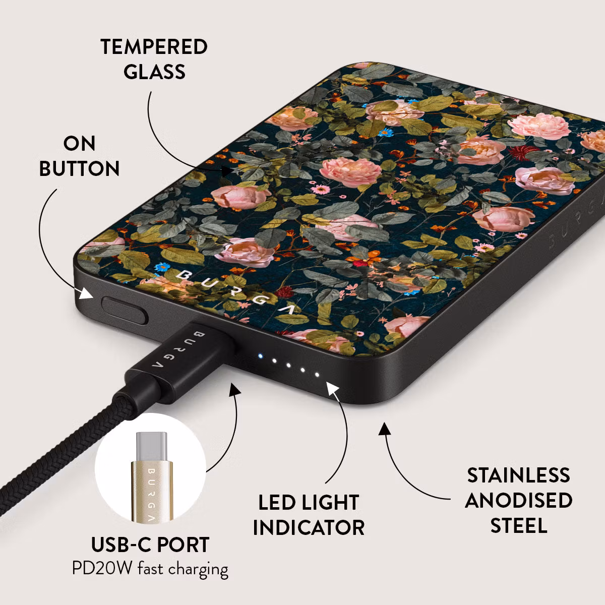 Burga Bloomy Garden - MagSafe Power Bank 5000 mAh Metallgrå