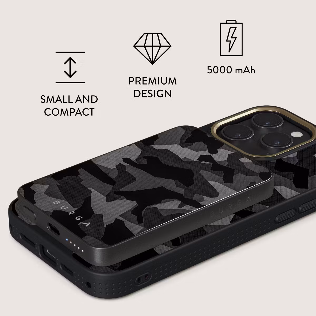 Burga Night Black Camo - MagSafe Power Bank 5000 mAh Metallgrå
