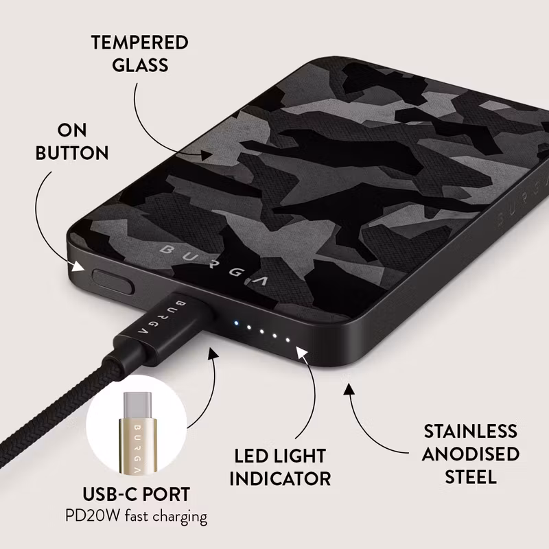 Burga Night Black Camo - MagSafe Power Bank 5000 mAh Metallgrå