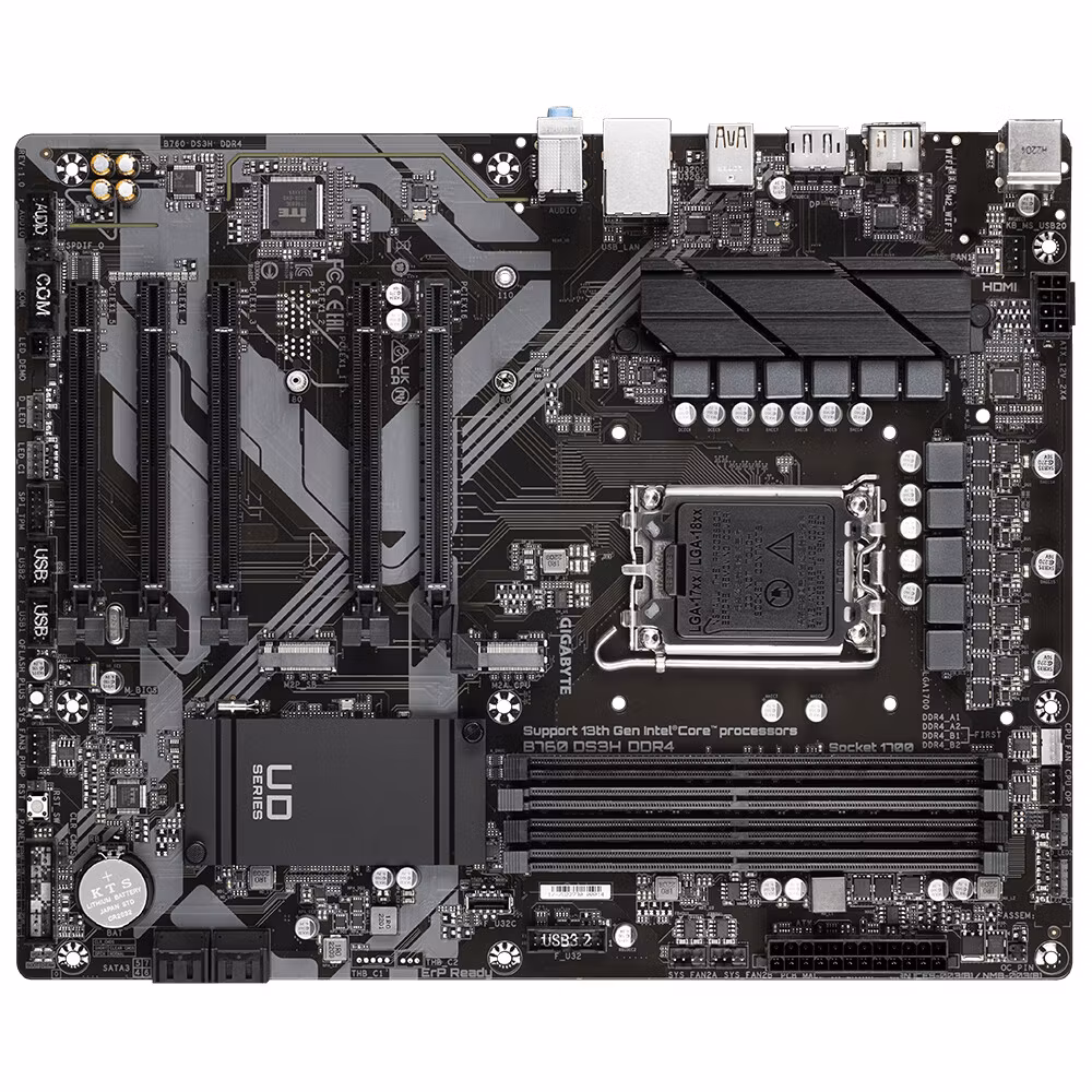 GIGABYTE B760 DS3H DDR4 Motherboard - Supports Intel Core 14th CPUs, 18+2+1 Phases Digital VRM, up to 5333MHz DDR4 (OC), 2xPCIe 4.0 M.2, GbE LAN, USB 3.2 Gen 2