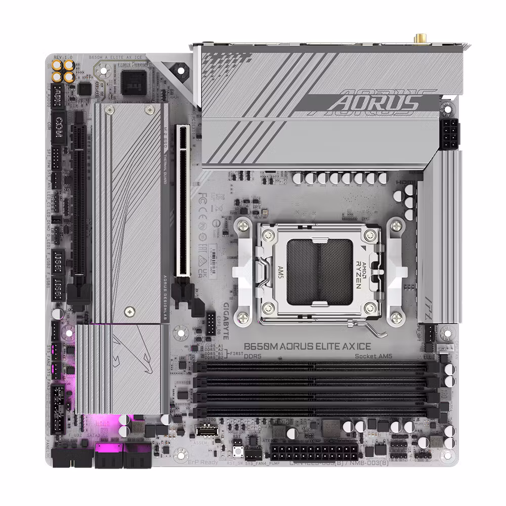 GIGABYTE B650M AORUS ELITE AX ICE Motherboard - AMD Ryzen 9000 Series CPUs, 12+2+2 Phases VRM, up to 8000MHz DDR5 (OC), 1xPCIe 5.0 + 1xPCIe 4.0 M.2, 2.5GbE LAN, WIFI 6E, USB 3.2 Gen 2x2