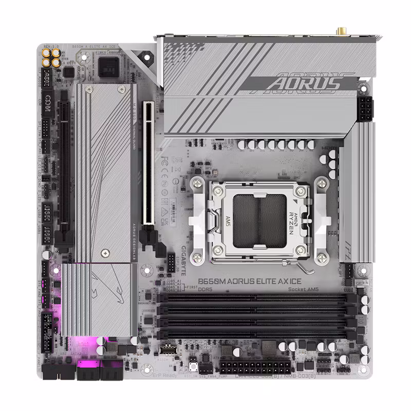 GIGABYTE B650M AORUS ELITE AX ICE Motherboard - AMD Ryzen 9000 Series CPUs, 12+2+2 Phases VRM, up to 8000MHz DDR5 (OC), 1xPCIe 5.0 + 1xPCIe 4.0 M.2, 2.5GbE LAN, WIFI 6E, USB 3.2 Gen 2x2