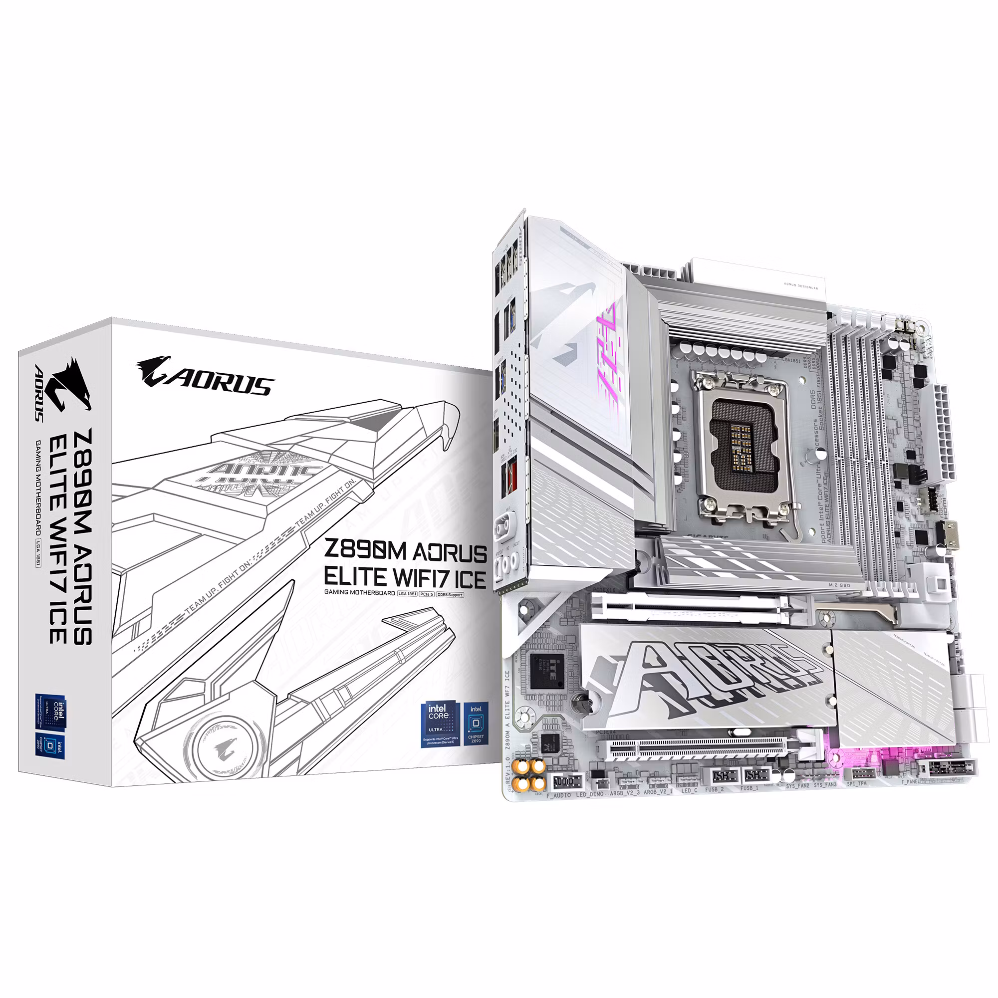 GIGABYTE Z890M AORUS ELITE WIFI7 ICE Motherboard - Supports Intel Core Ultra (Series 2) CPUs, 12+1+2 phases VRM, up to 8800MHz DDR5 (OC), 1xPCIe 5.0 + 2xPCIe 4.0, Wi-Fi 7, 2.5GbE LAN, USB 4