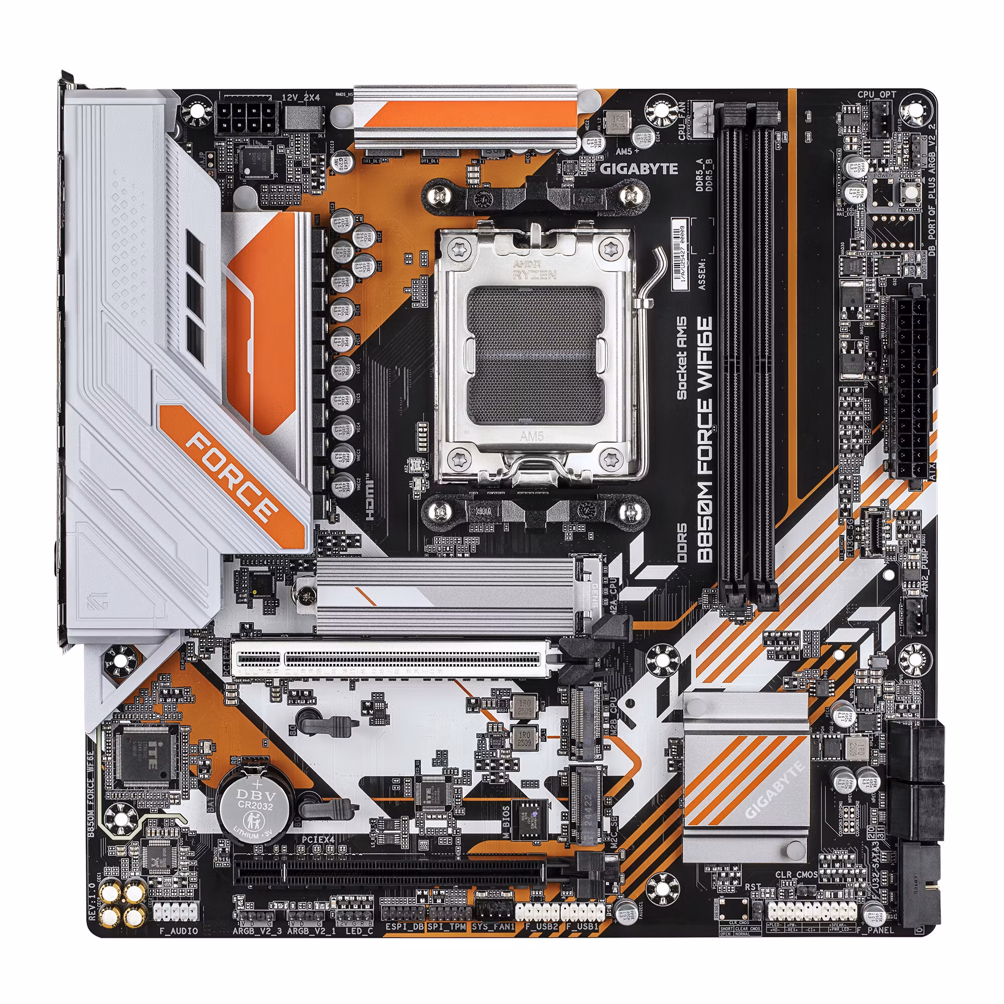 GIGABYTE B850M FORCE WIFI6E Motherboard - AMD Ryzen 9000 Series CPUs, 8+2+2 Phases Digital VRM, up to 9600MHz DDR5 (OC), 1xPCIe 5.0 + 2xPCIe 4.0 M.2, Wi-Fi 6E, 2.5 GbE LAN, USB 3.2 Gen 2