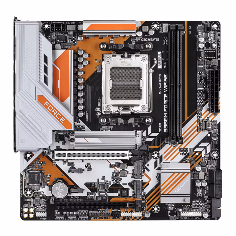 GIGABYTE B850M FORCE WIFI6E Motherboard - AMD Ryzen 9000 Series CPUs, 8+2+2 Phases Digital VRM, up to 9600MHz DDR5 (OC), 1xPCIe 5.0 + 2xPCIe 4.0 M.2, Wi-Fi 6E, 2.5 GbE LAN, USB 3.2 Gen 2