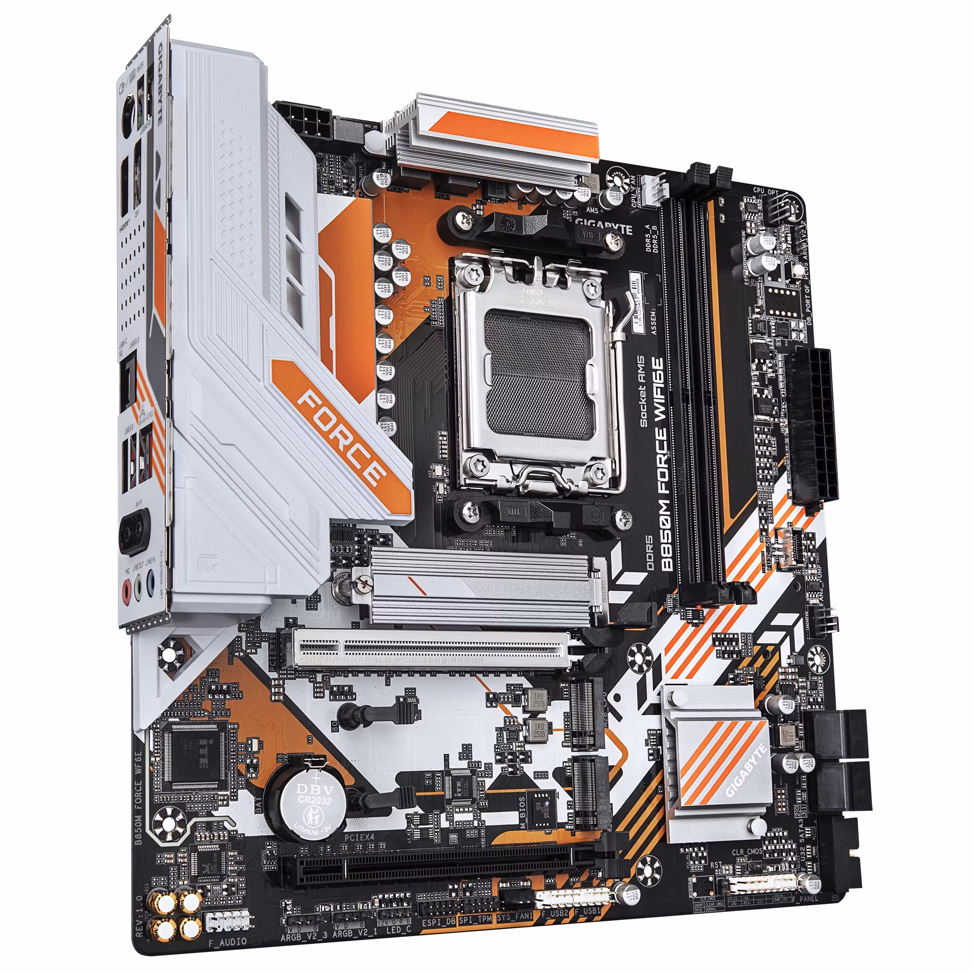 GIGABYTE B850M FORCE WIFI6E Motherboard - AMD Ryzen 9000 Series CPUs, 8+2+2 Phases Digital VRM, up to 9600MHz DDR5 (OC), 1xPCIe 5.0 + 2xPCIe 4.0 M.2, Wi-Fi 6E, 2.5 GbE LAN, USB 3.2 Gen 2