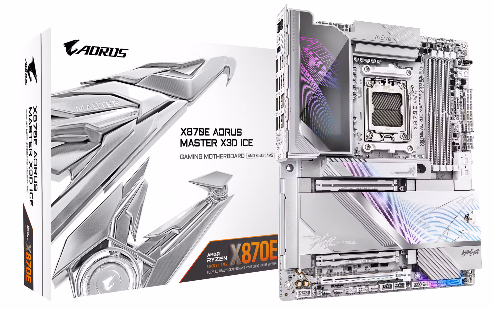 GIGABYTE X870E AORUS MASTER X3D ICE Motherboard - Supports AMD Ryzen 9000 CPUs, 18+2+2 Phases Digital VRM, up to 9000Hz DDR5 (OC), 2xPCIe 5.0 + 3xPCIe 4.0, Wi-Fi 7, 10GbE LAN, USB 4