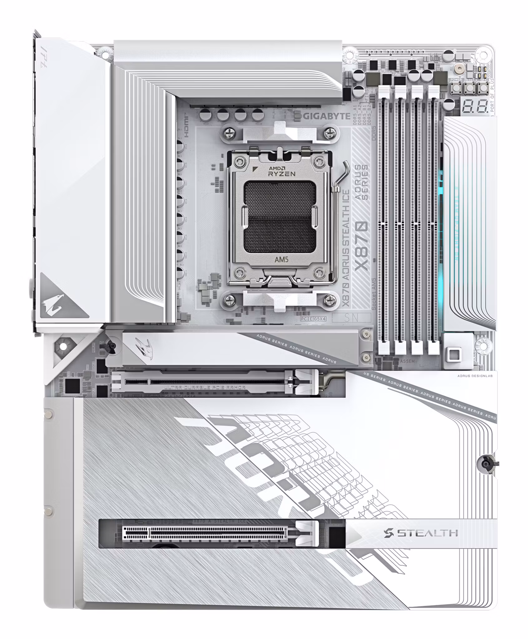 GIGABYTE X870 AORUS STEALTH ICE Motherboard - Supports AMD Ryzen 9000 CPUs, 16+2+2 Phases Digital VRM, up to 8200Hz DDR5 (OC), 2xPCIe 5.0 + 2xPCIe 4.0, Wi-Fi 7, 5 GbE LAN, USB 4
