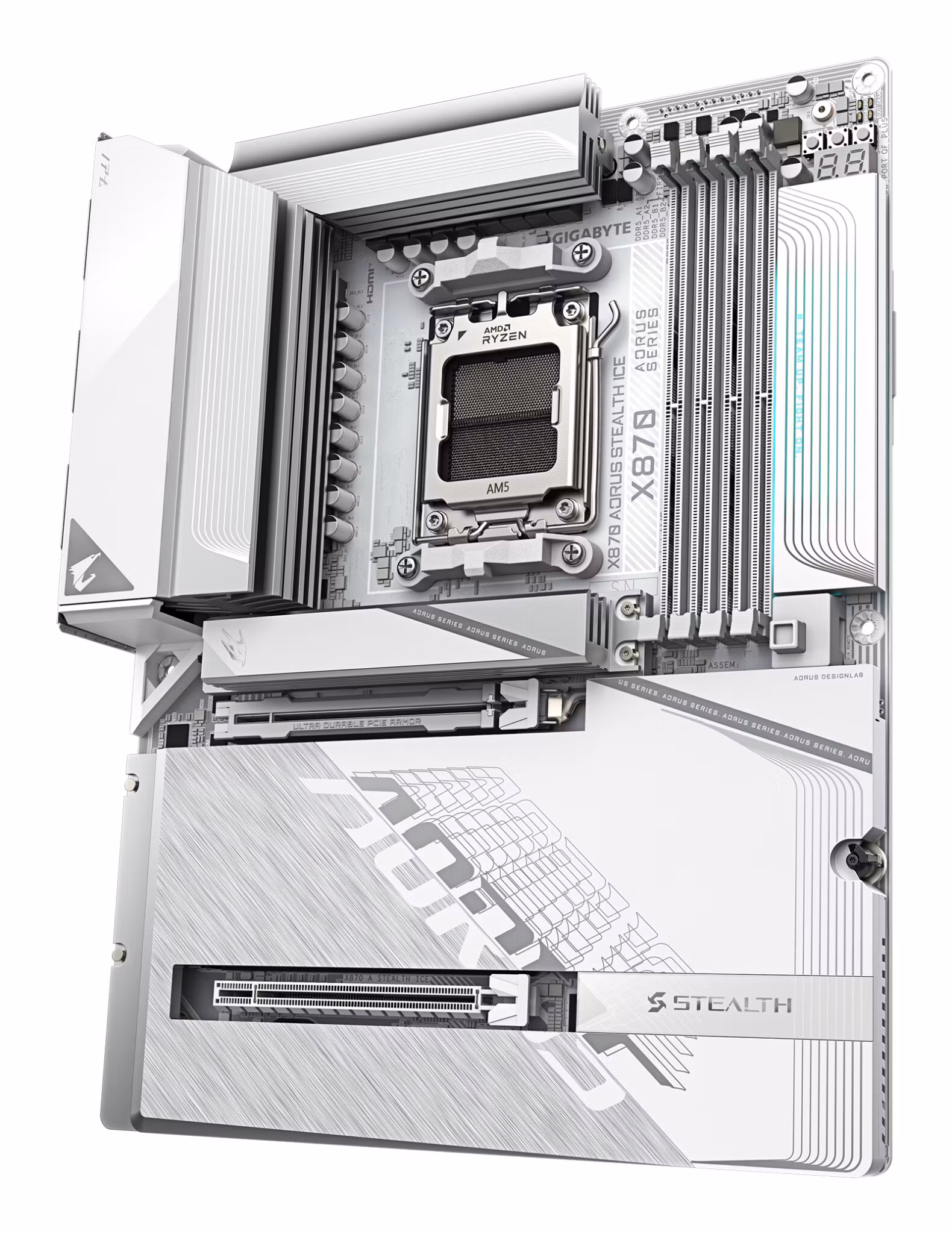 GIGABYTE X870 AORUS STEALTH ICE Motherboard - Supports AMD Ryzen 9000 CPUs, 16+2+2 Phases Digital VRM, up to 8200Hz DDR5 (OC), 2xPCIe 5.0 + 2xPCIe 4.0, Wi-Fi 7, 5 GbE LAN, USB 4