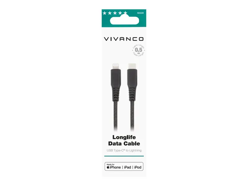 Vivanco Longlife USB-C/Lightning kabel MFI 0.5m Svart
