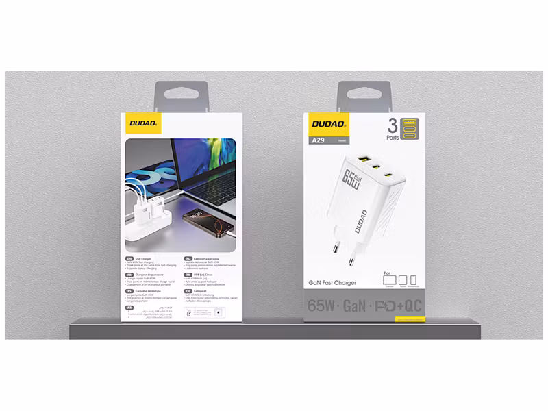 Dudao A29EU Adapter Väggladdare 65Watt 2xUSB-C 1xUSB-A Vit