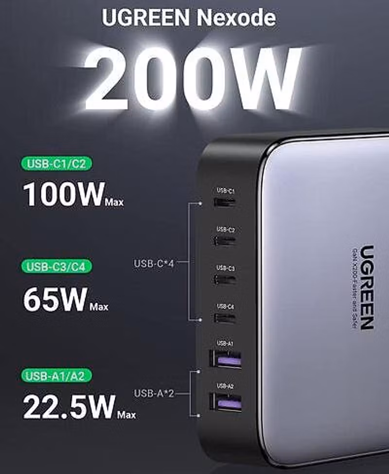 UGREEN Nexode 200W Desktop Charger 6-Port (2xUSB-A + 4xUSB-C) Multiladdare