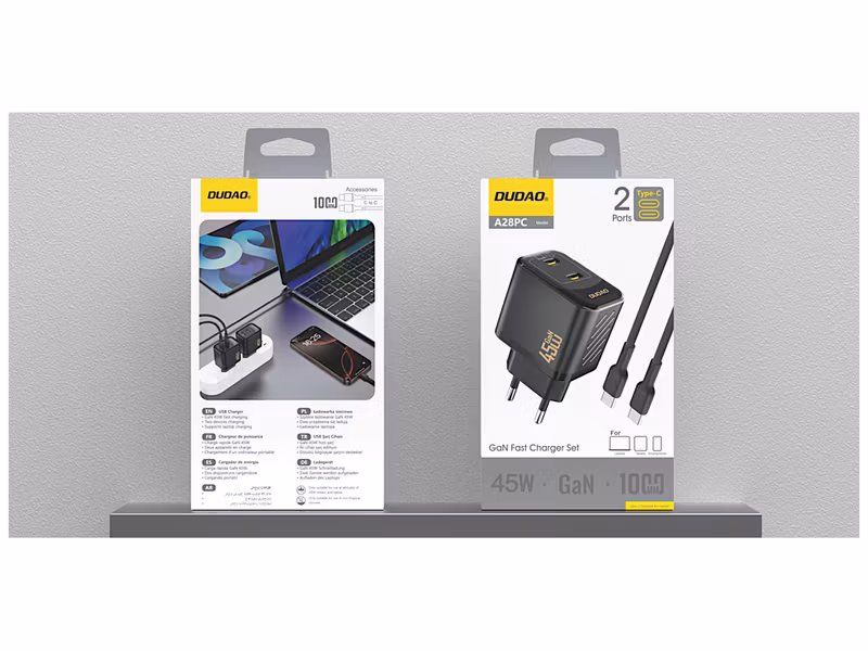 Dudao A28PCEU Adapter Väggladdare 45Watt 2xUSB-C (1m USB-C to USB-C inkl kabel) Svart