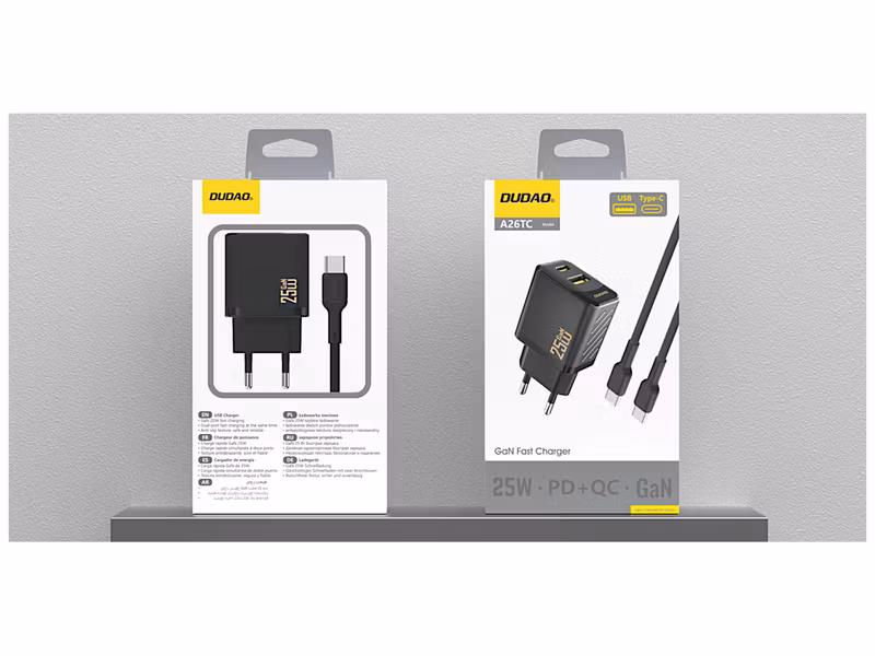 Dudao A26TCEU Adapter Väggladdare25Watt 1xUSB-C 1xUSB-A (1m USB-C to USB-C kabel inkl) Svart