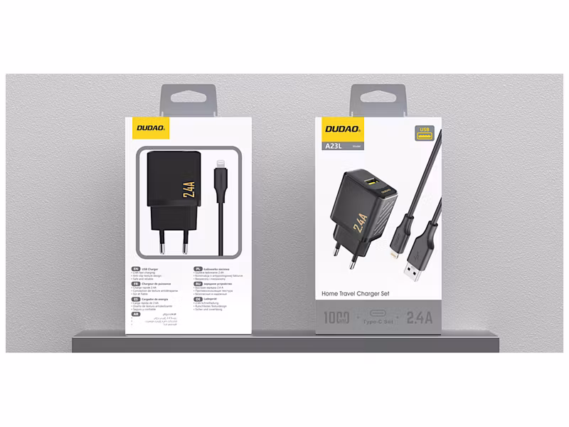 Dudao A23LEU Adapter Väggladdare 12Watt 1xUSB-A (1m USB-A to Lightning kabel inkl) Svart