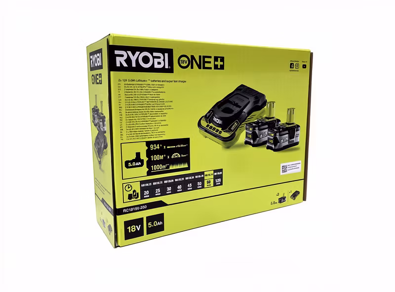 RYOBI 2 x 18V ONE+ 5,0 Ah litiumbatterier och 1 x 5,0 A ultrasnabbladdare RC18150-250