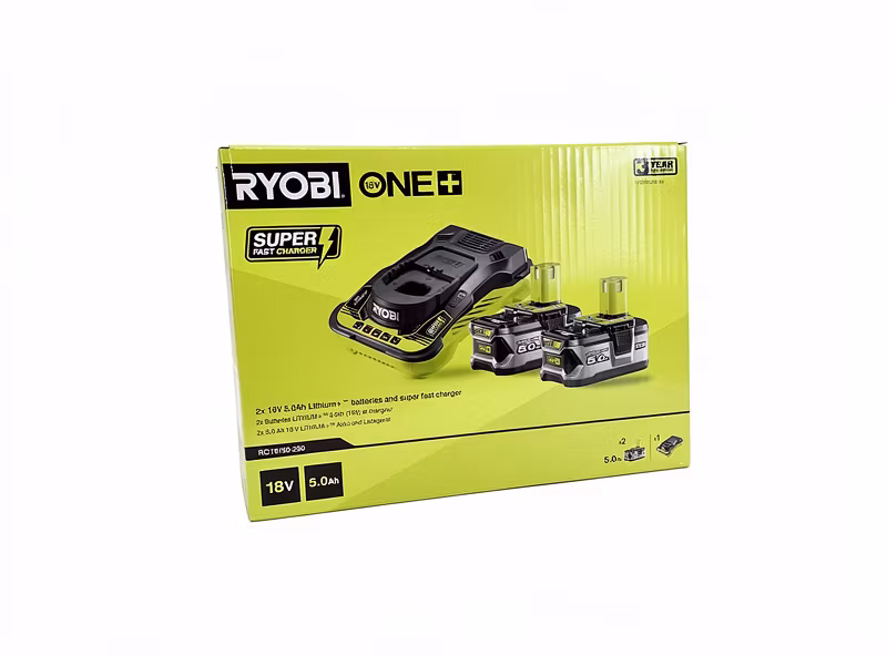 RYOBI 2 x 18V ONE+ 5,0 Ah litiumbatterier och 1 x 5,0 A ultrasnabbladdare RC18150-250