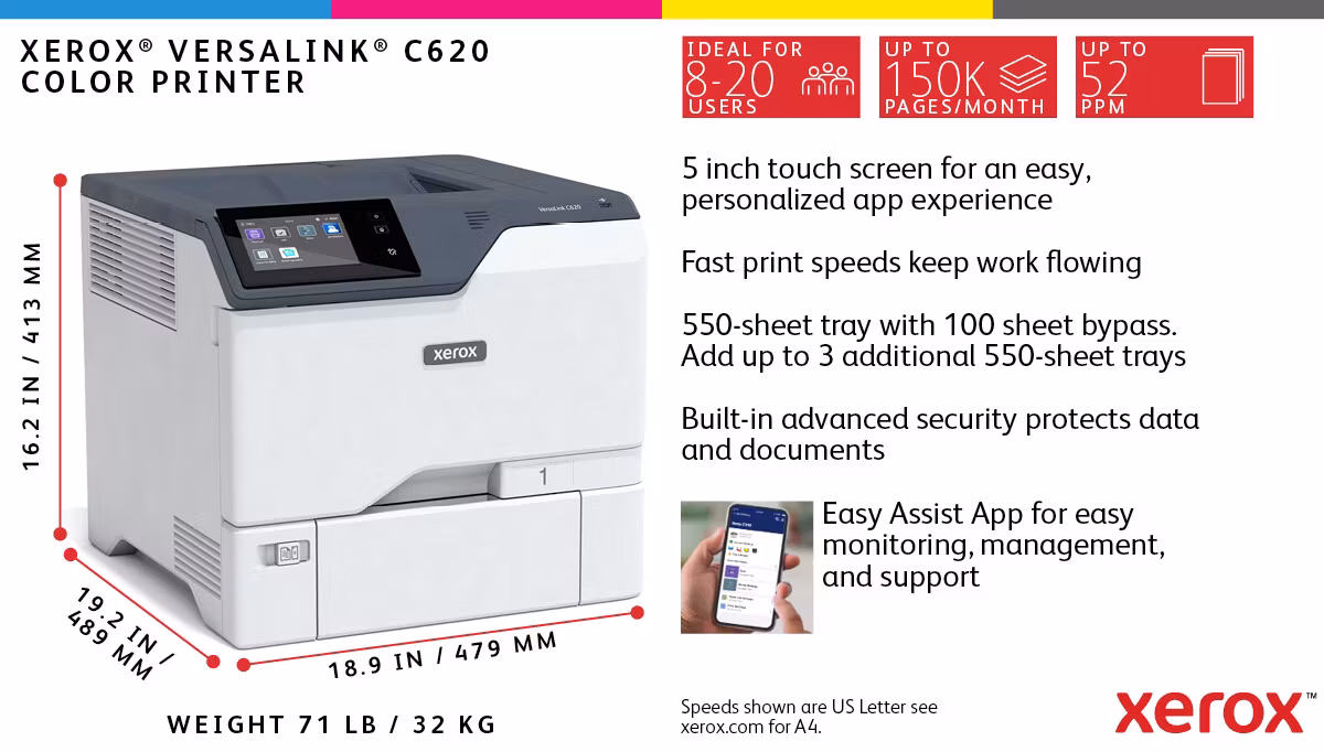 Xerox VersaLink C620 A4 50 sid/min duplexskrivare PS3 PCL5e/6 2 fack 650 ark