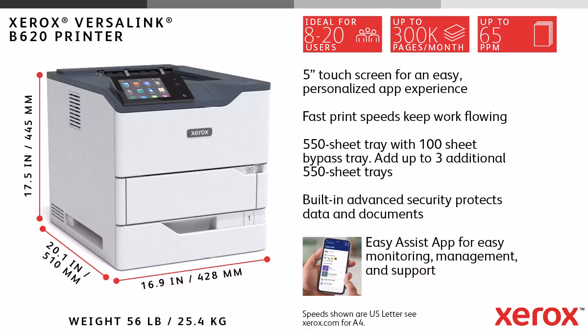 Xerox VersaLink B620 A4 61ppm Duplex Printer PS3 PCL5e/6 2 Trays 650 Sheets