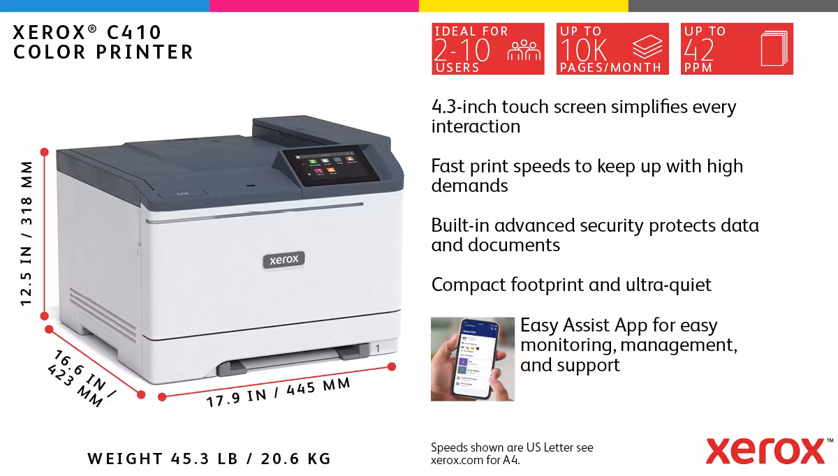 Xerox C410 A4 40 sid/min Duplex-skrivare PS3 PCL5e/6 2 fack 251 ark