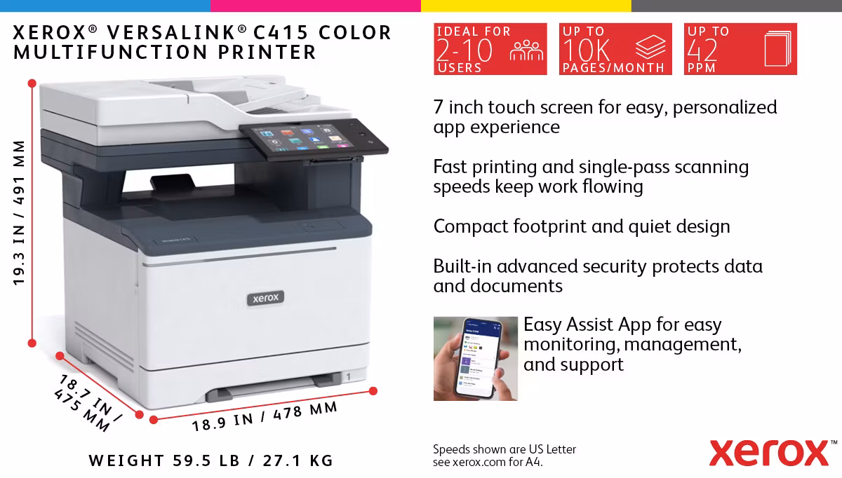 Xerox VersaLink C415 A4 40 sid/min Duplex Kopiering/Utskrift/Skanning/Fax PS3 PCL5e/6 2 fack 251 ark