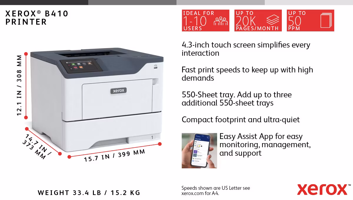 Xerox B410 A4 47 sid/min duplexskrivare PS3 PCL5e/6 2 fack totalt 650 ark
