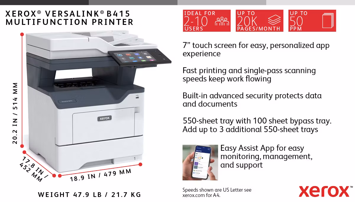 Xerox VersaLink B415 A4 47 sid/min Duplex Kopiering/Utskrift/Skanning/Fax PS3 PCL5e/6 2 fack totalt 650 ark
