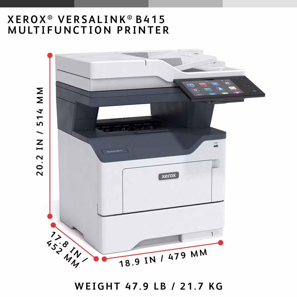 Xerox VersaLink B415 A4 47 sid/min Duplex Kopiering/Utskrift/Skanning/Fax PS3 PCL5e/6 2 fack totalt 650 ark