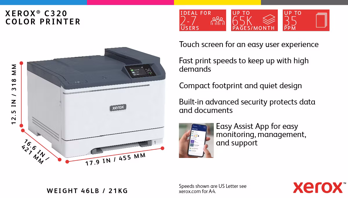 Xerox C320 A4 33 sid/min trådlös duplexskrivare PS3 PCL5e/6 2 fack totalt 251 ark